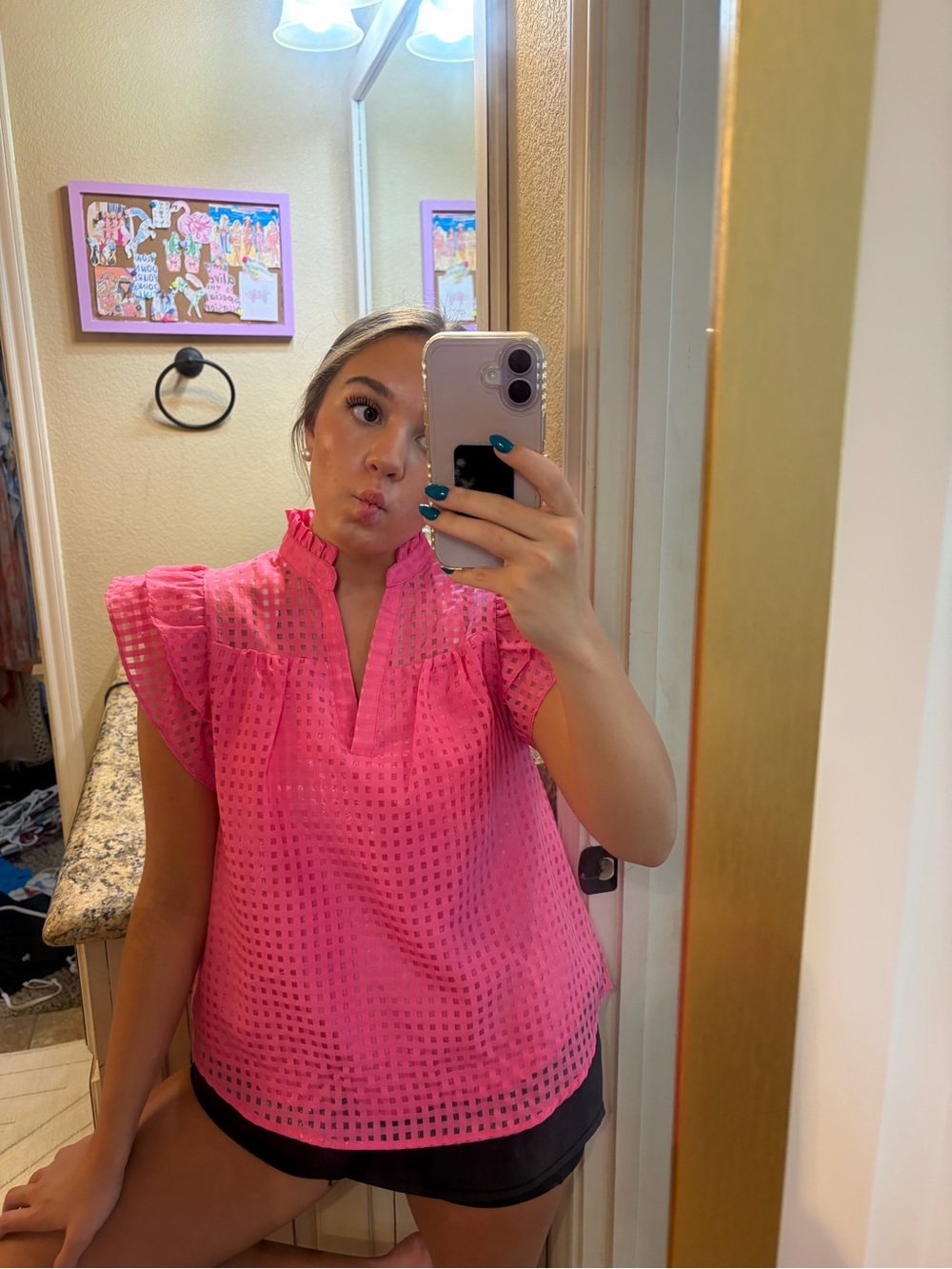 Women’s Pink Eyelet Ruffle Sleeve Top